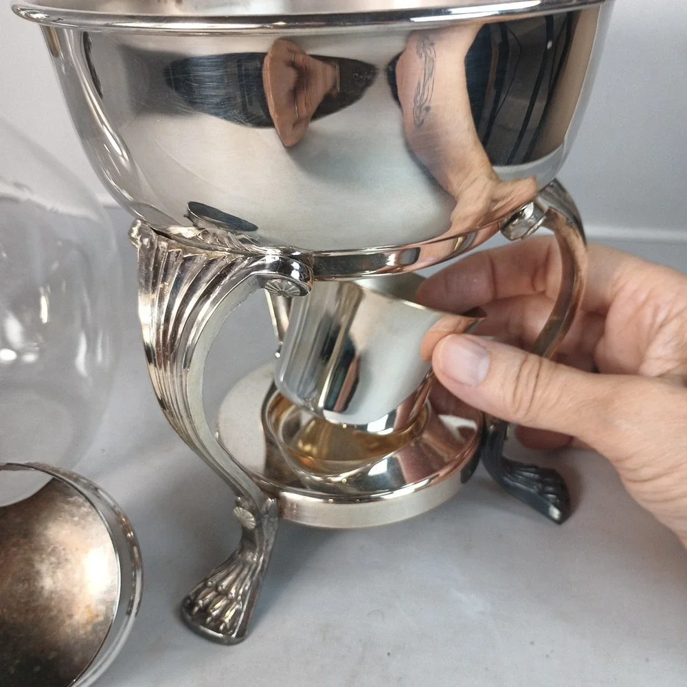 Vtg MCM Style Silver Plated & Glass Coffee Tea Carafe with Footed Warmer Stand